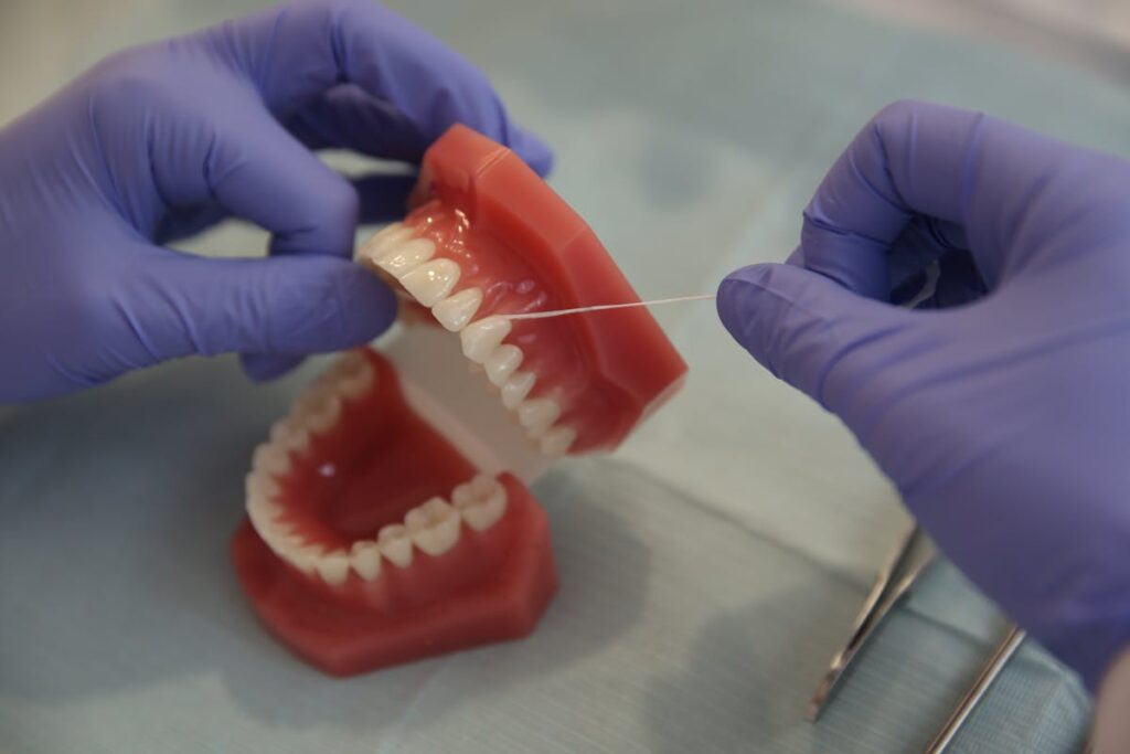 Close-up of a dental professional using floss on a denture model, emphasizing hygiene.